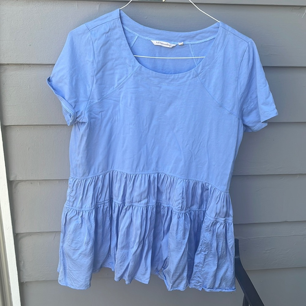 Soft Surroundings Khloe Top Blue Tiered Satin Peplum Short Sleeve L